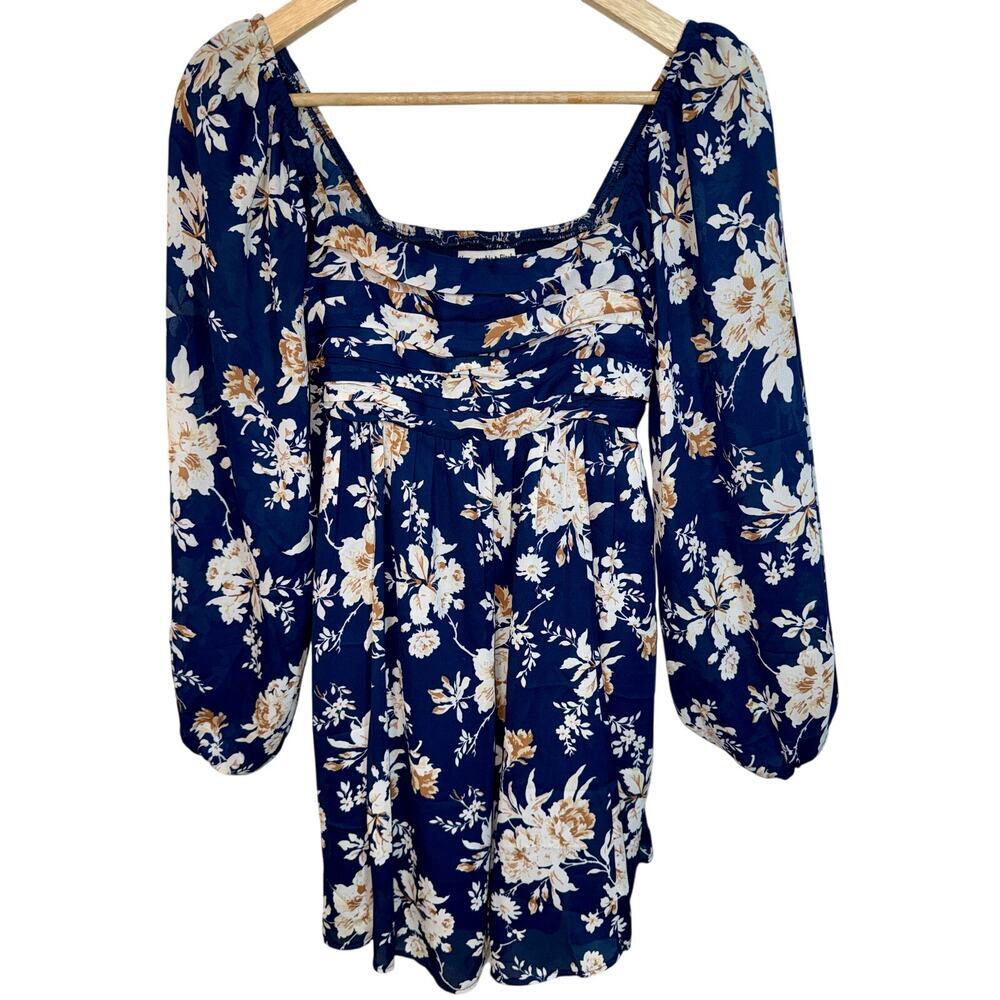 NEW Abercrombie & Fitch Blue Floral Smocked Long Puff Sleeve Mini Dress Women XS